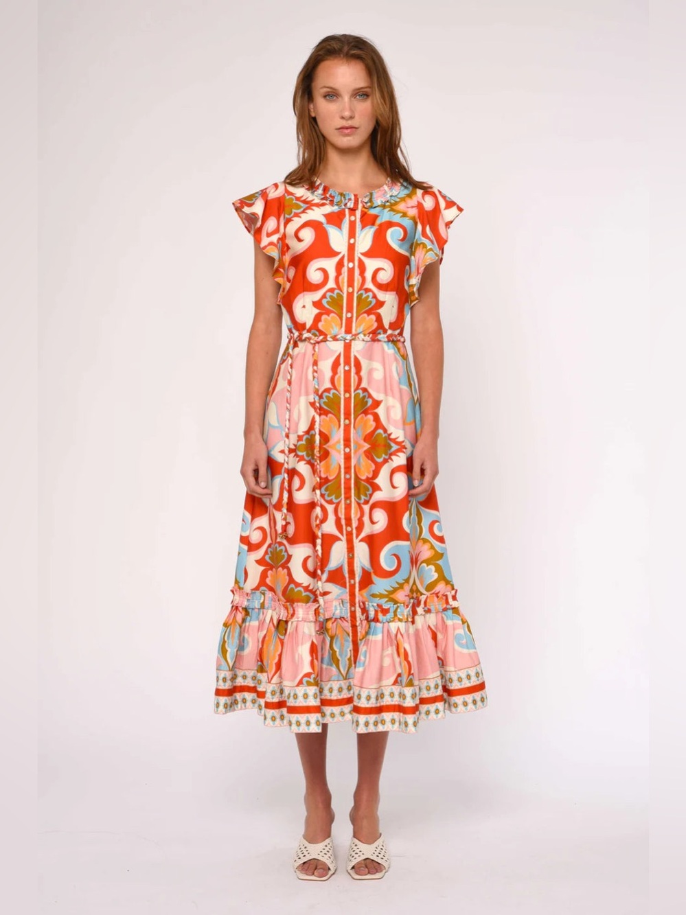 Women’s Love the Label Orange & Pink Printed Ruffle-Hem Dress